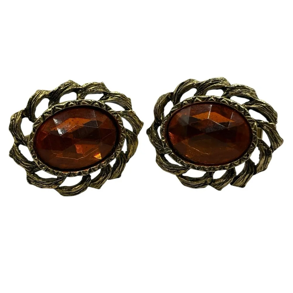 Vtg Cufflinks Harvey Avedon Orange Rhinestone Gold Tone US Pat‎ 2920363 Oval
